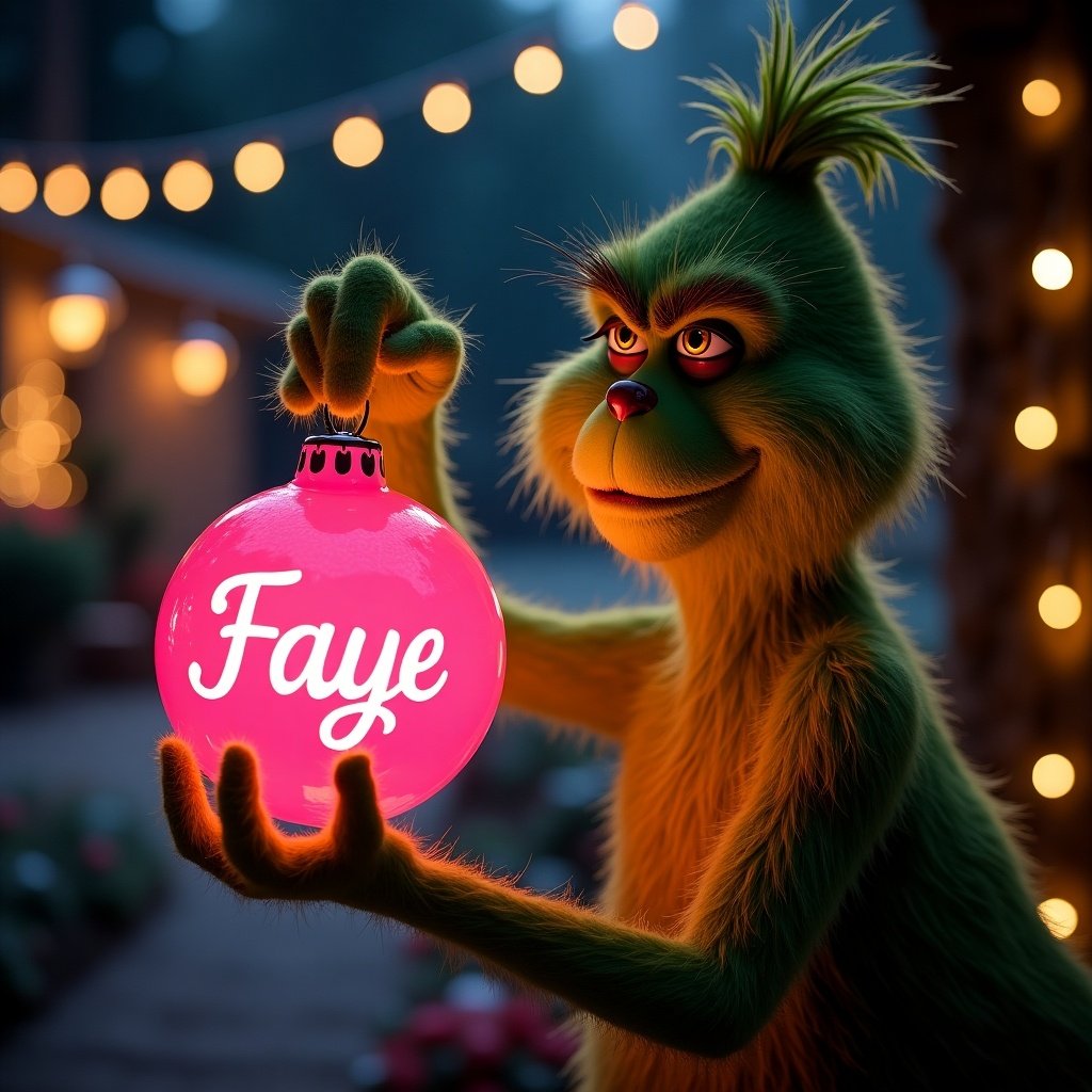 A night garden scene featuring the Grinch. The Grinch holds a glowing pink Christmas ornament. The ornament displays the name Faye in elegant script. Twinkling Christmas lights enhance the magical atmosphere.