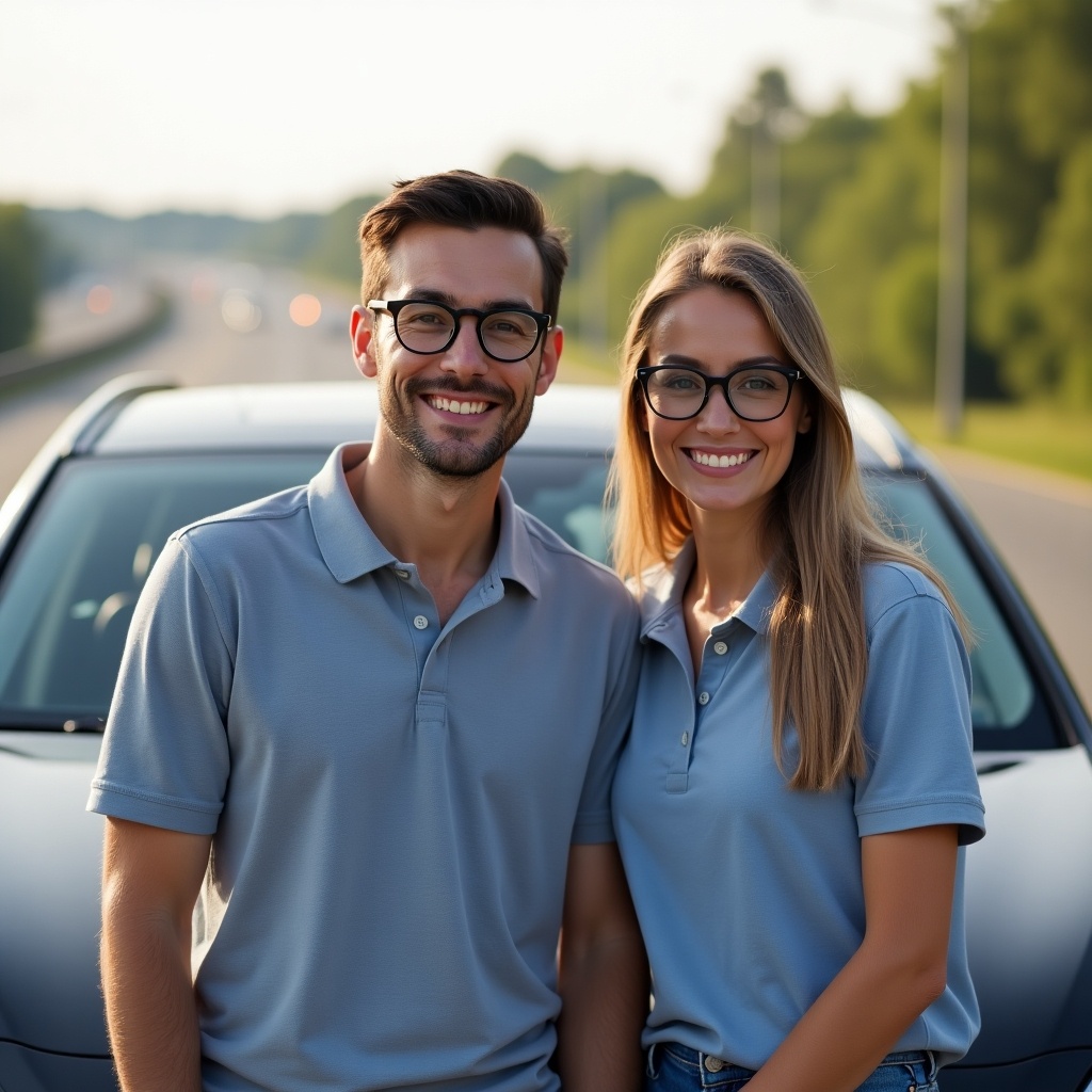 The image features a smiling couple leaning against a car on a highway road. They are both wearing light blue polo shirts and glasses, exuding a casual and stylish vibe. The background shows a scenic highway, reflecting a sunny day. The couple appears relaxed and happy, suggesting a road trip or adventure. This image captures a moment of joy and companionship, ideal for lifestyle or travel-related content.