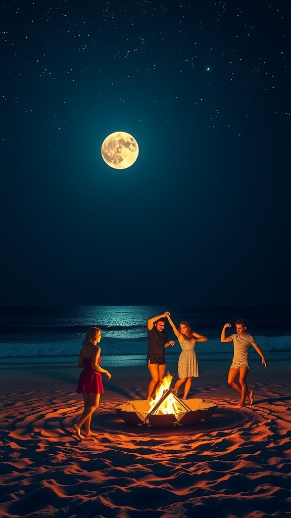 Under a star-studded sky, four people dance around a beach bonfire, illuminated by the vibrant glow of both the fire and the full moon. The ocean stretches behind them, reflecting the moonlight, adding a magical, serene backdrop to the lively scene. The image captures the essence of joy, freedom, and connection with nature at night.