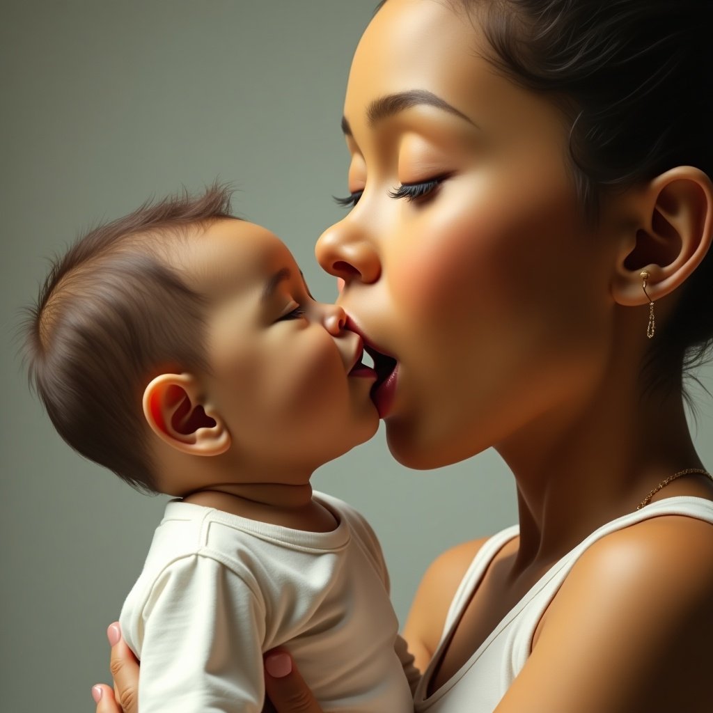 A giant woman kisses a small baby. The scene is tender and affectionate. The focus is on their interaction. The woman has warm skin tones and massive lips. The baby is tiny and adorable. The image is hyper-realistic and side-view. It shows a significant size difference and conveys love.