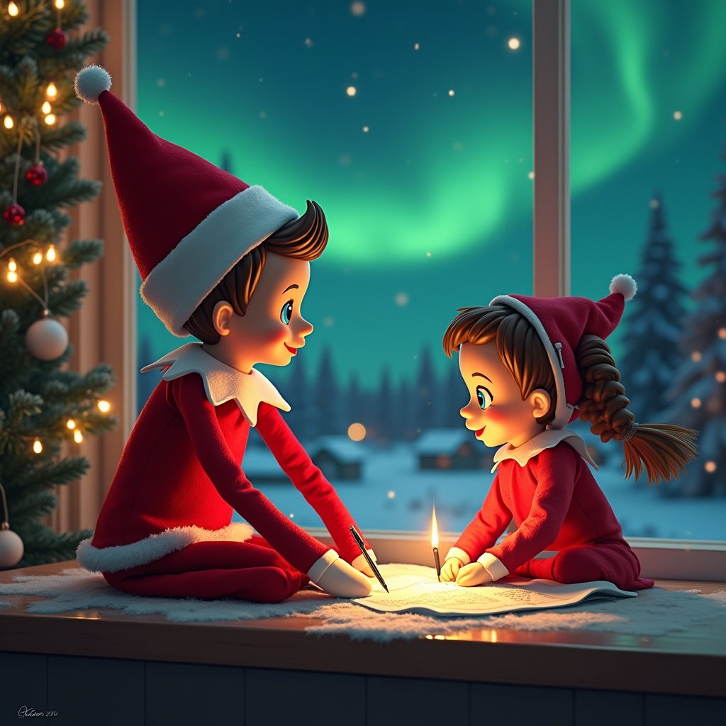 The image depicts two adorable animated elves, Olivia Charlotte and Ozzy, sitting together at a cozy window under the shimmering northern lights. They are joyfully writing letters, embodying the festive spirit. The setting is warm and inviting, with a decorated Christmas tree nearby. The scene conveys a sense of magic and wonder, perfect for the holiday season. Their bright red outfits and cheerful expressions add charm and whimsy to the atmosphere.