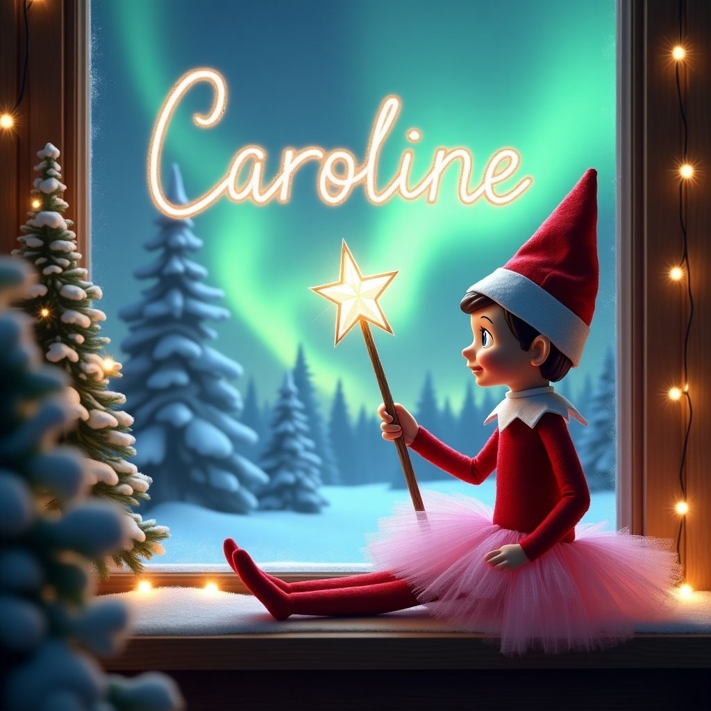 A cheerful girl elf on a shelf sits by a window in winter. She gazes at northern lights. The elf holds a wand with the name Caroline on the window. Excited expression on her face. The window ledge is decorated with snow and holiday items. Outside are snow-covered trees. The scene captures Christmas anticipation with winter enchantment. The elf wears a pink tutu and embodies joy.