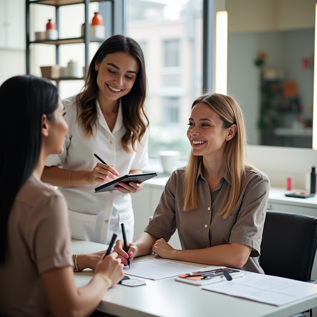 Modern beauty salon scene featuring two women engaged in consultation writing. One woman in a therapist uniform. Natural lighting fills the space as they focus on consultation cards.