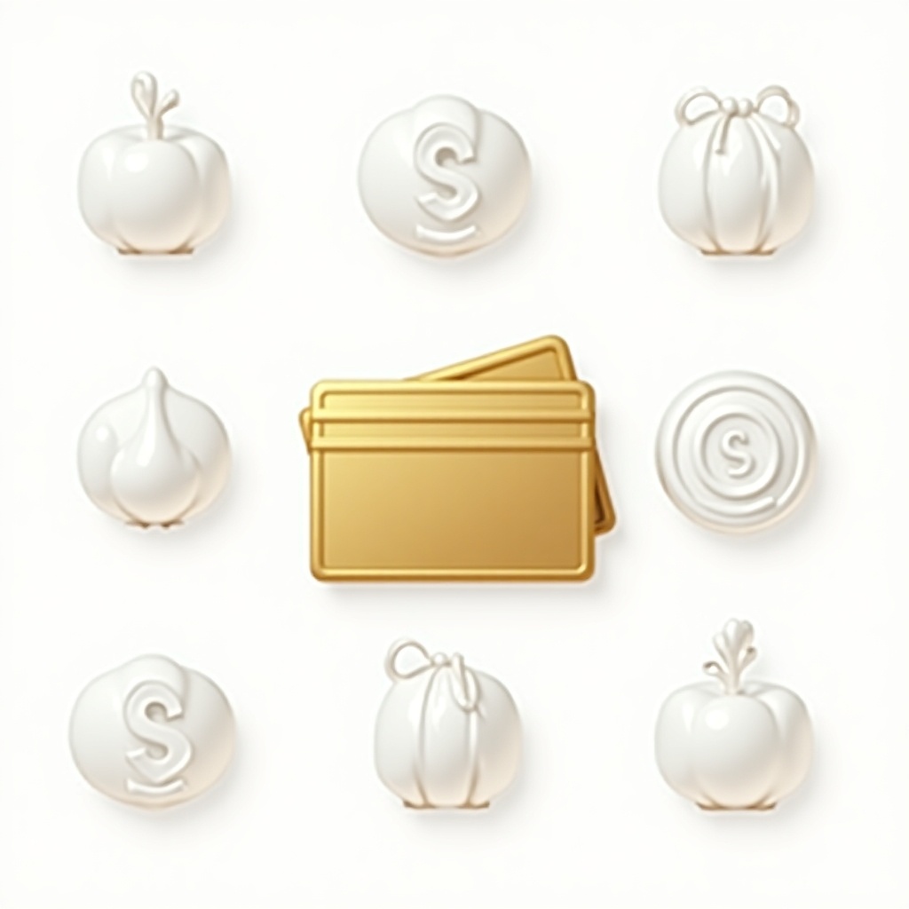 This image features a collection of sleek, 3D icons with a transparent background, embodying a theme of wealth and finance. The central focus is a golden credit card, surrounded by eight other minimalist icons. Each icon has smooth edges and a luxurious aesthetic, complemented by glass-like textures for accents. The overall design is modern and refined, suitable for both light and white backgrounds. The icons maintain a cohesive look, emphasizing their financial theme while ensuring usability across various digital platforms.