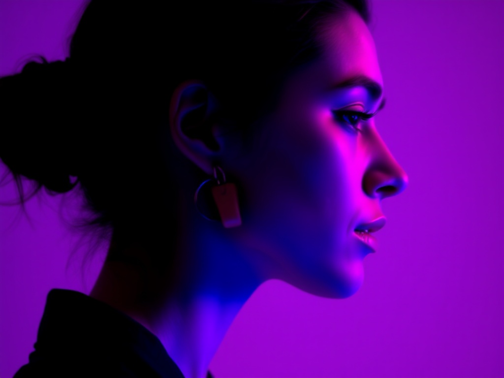 A profile of a woman illuminated by vibrant purple and blue lighting.