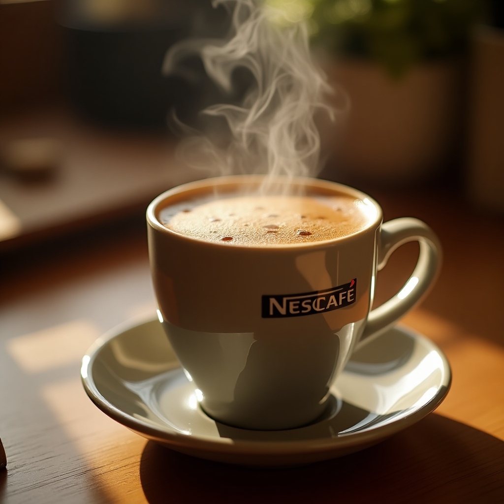 A steaming cup of Nescafe coffee on a saucer. Warm natural light illuminates the scene. A cozy atmosphere is created with soft background elements.