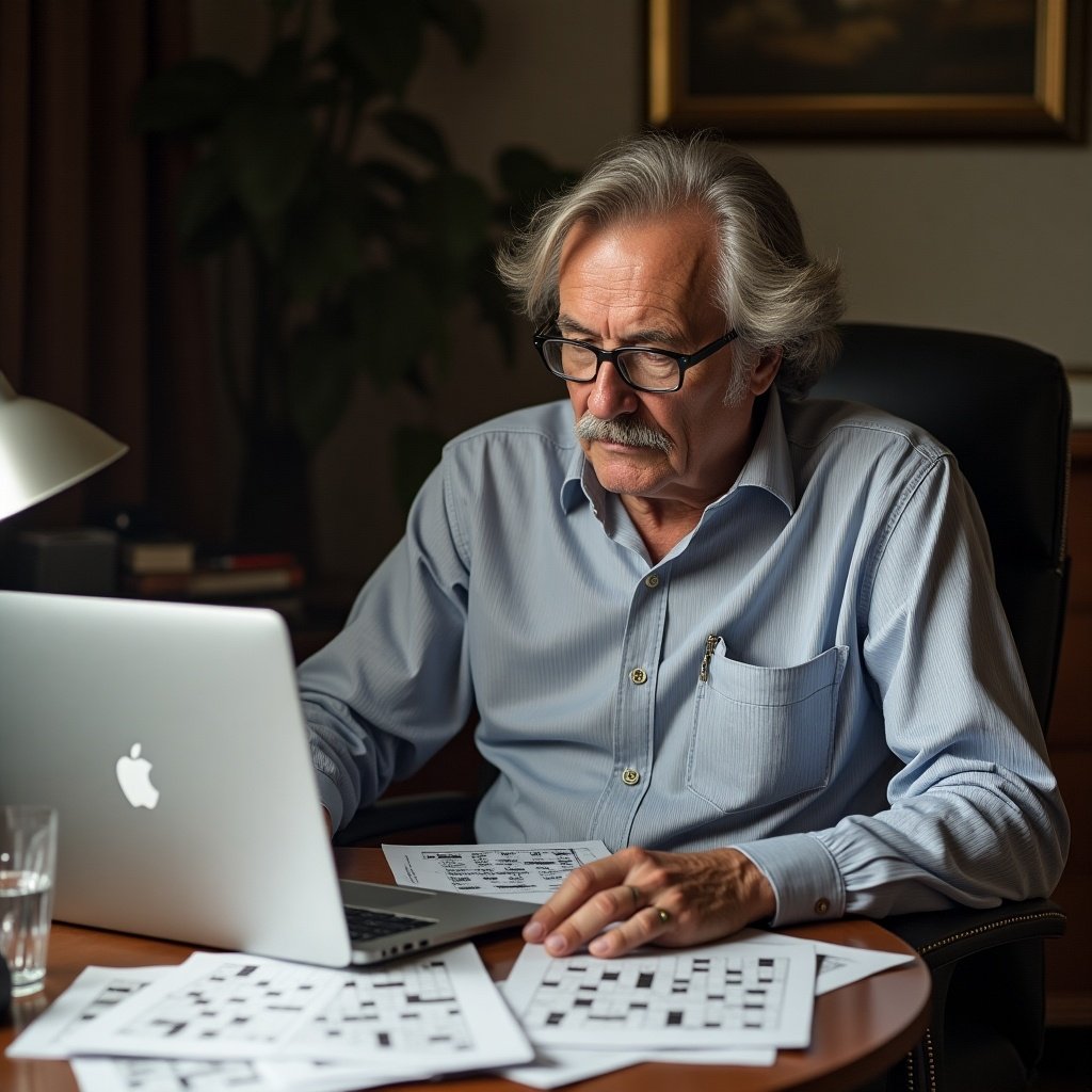 A man is sitting at a desk. He is using a laptop. A glass of water is nearby. He focuses on crossword puzzles. He wears a button-up shirt. Legs are crossed. Stylish wavy hair. Soft indoor lighting creates a warm atmosphere. The desk is cluttered with papers.