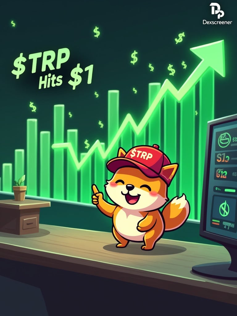 Animated scene features a green cryptocurrency chart. Chart shows $TRP skyrocketing past $1 mark. Green candles are dominating the chart. Bold label reads '$TRP Hits $1!'. Shiba Inu cartoon character has golden fur and wears a red baseball cap labeled $TRP. Shiba points happily to the chart with an excited expression. Surrounding elements include glowing dollar signs and upward arrows indicating success. Background contains a sleek trading desk with monitors showing market data. Vibe emphasizes triumph and growth celebrating $TRP's milestone.