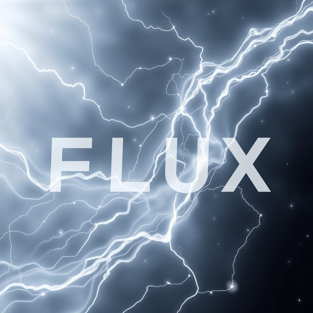 The image shows the word 'FLUX' over a background of electric-like lightning patterns in shades of blue and white.