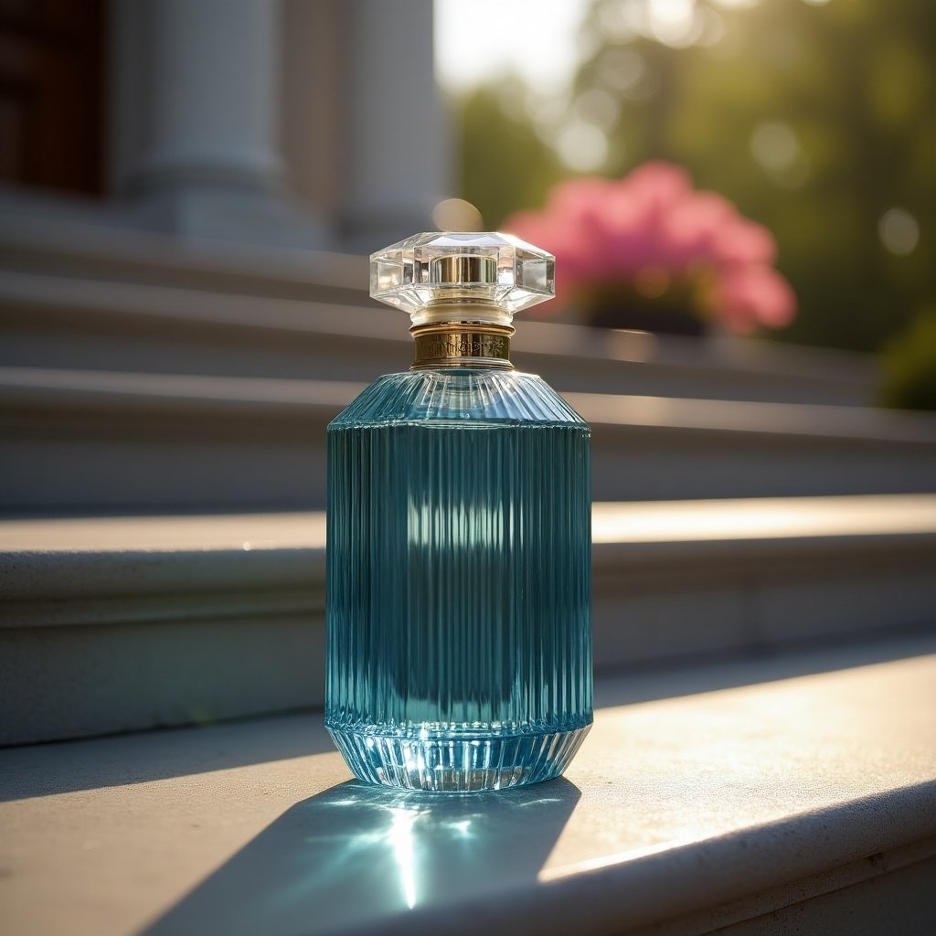 Image shows an elegantly crafted perfume bottle for men on steps. Bottle features straight line patterns. Diamond-style cap. Blue liquid visible inside. Soft natural lighting enhances beauty. Background with softening elements. Pink flowers visible.