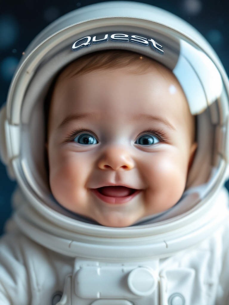 Close-up view of a happy baby astronaut wearing a helmet. The focus is on the chubby cheeks and bright eyes. The helmet has the word Quest clearly visible in the reflection. The background features a soft blur of outer space with stars and planets.