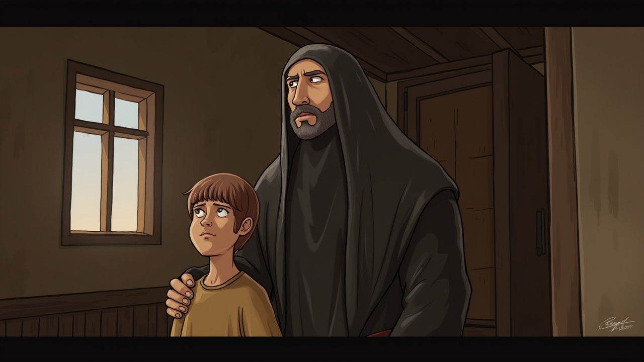 Animated scene depicting a person in traditional Middle Eastern clothing standing beside a young boy, inside a room with a window, illustration style.