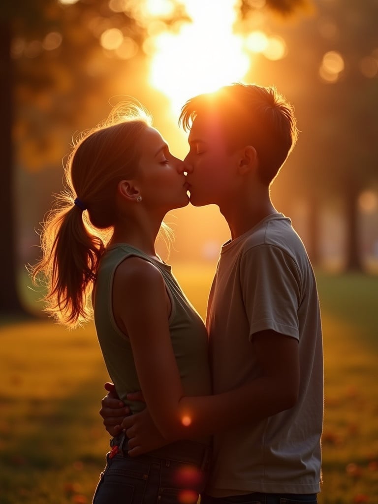 A girl and boy kissing in a park during sunset with warm light.