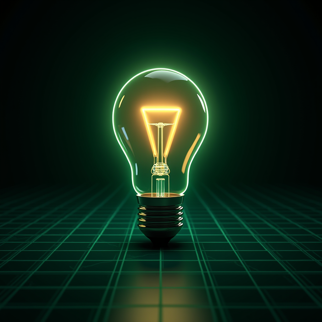 A glowing light bulb stands on a grid-patterned surface, emitting a soft yellow-green light.