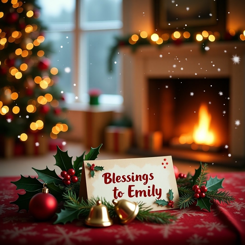 The image showcases a cozy Christmas scene with a beautifully decorated Christmas tree in the background. In the foreground, there is a festive greeting card that reads 'Blessings to Emily'. Surrounding the card are decorative elements like holly leaves, a couple of golden bells, and subtle snowflakes falling, adding to the holiday charm. The warm glow from the fireplace enhances the inviting atmosphere. This scene captures the spirit of giving and celebrating during the Christmas season.