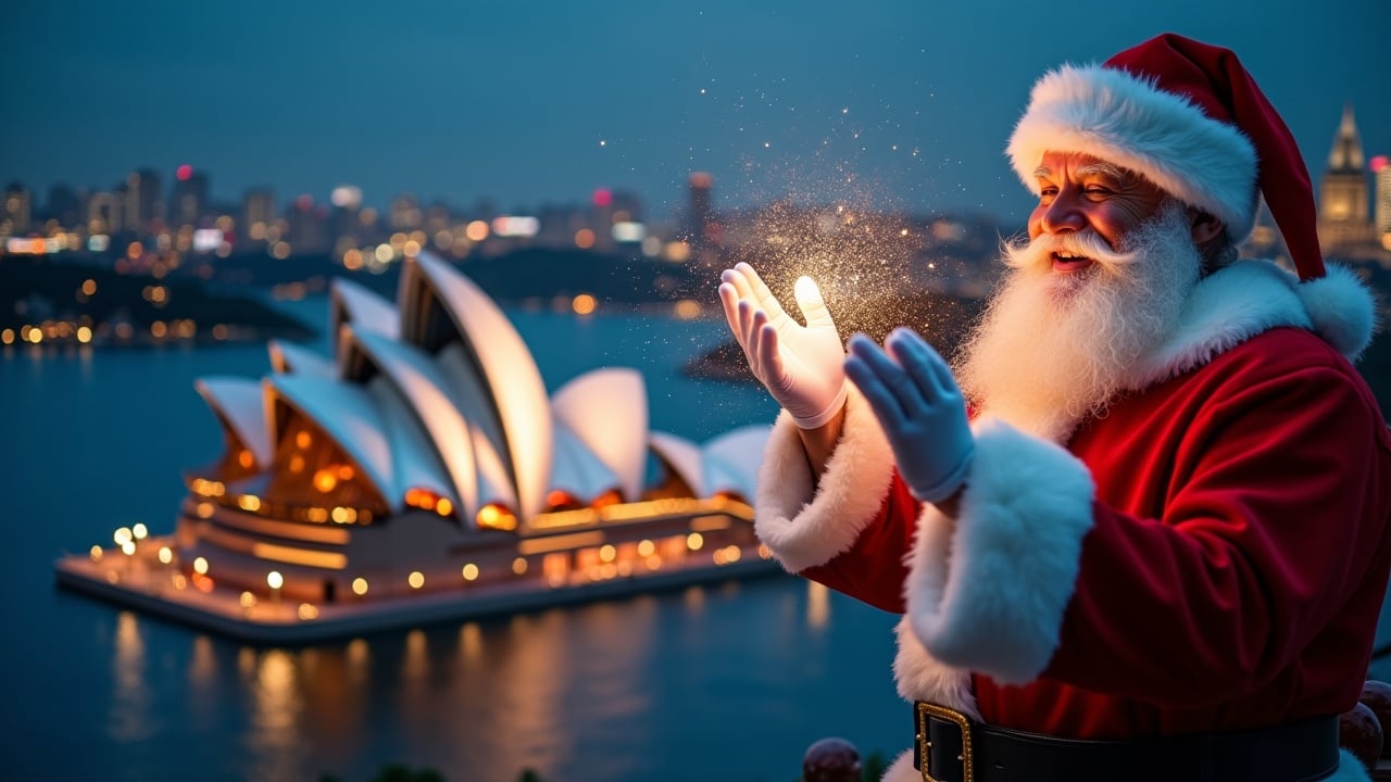 Create an atmospheric shot of Santa Claus with the Sydney Opera House. Santa holds a BIM model and spreads magical sparkles transforming into city landmarks.