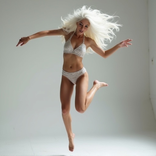 A tall European woman jumps gracefully. She has long white hair reaching her knees. Dressed in a delicate bra and underwear. Skin is pale and fitted. The background is neutral and bright.