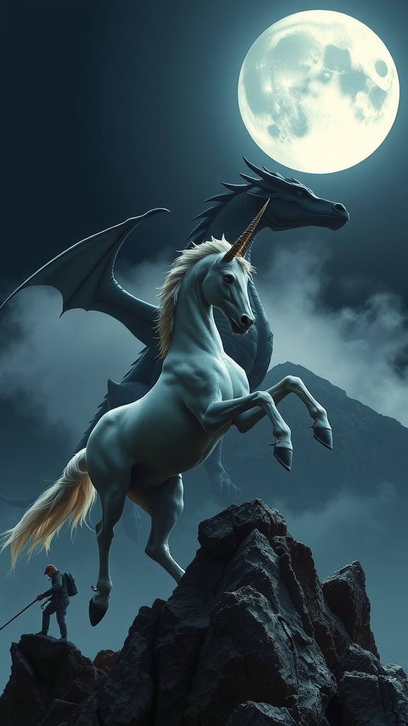 A unicorn and a dragon stand majestically on rocky terrain beneath a full moon while a lone figure observes.