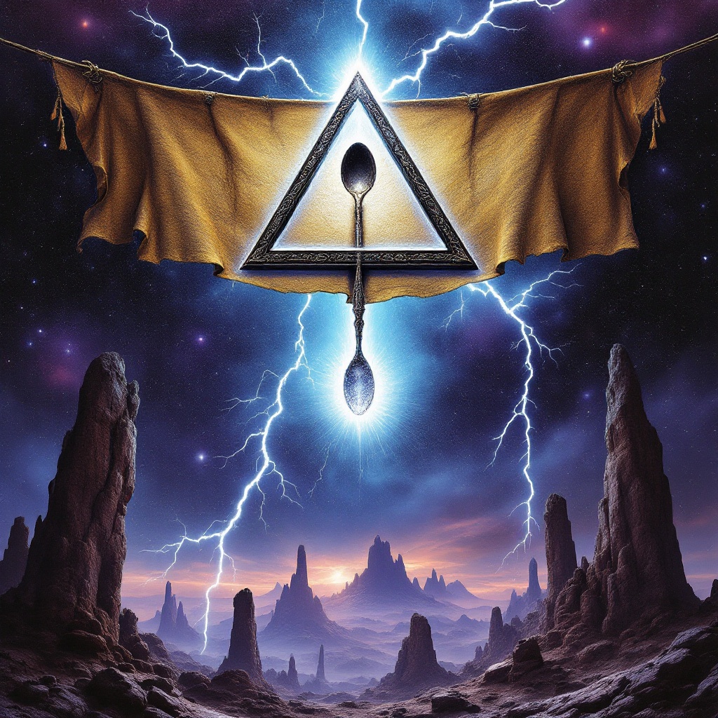 The image is a surreal space rock album cover. It features a mysterious cult symbol on a medieval banner, with a spoon inside a bright triangle. Striking lightning bolts surround this central piece. Below, the scene resembles the Pillars of Creation, showcasing towering rocky formations. The overall atmosphere evokes wonder and trepidation, suggesting exploration and encounters with the unknown. This artwork combines elements of fantasy and science fiction, appealing to fans of both genres.