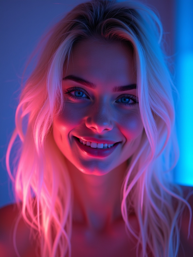 A beautiful Instagram model influencer with bleach blonde hair. Bright blue eyes. Smiling while looking into the camera. Surrounded by an illuminated glow with bioluminescent gradient light colors.