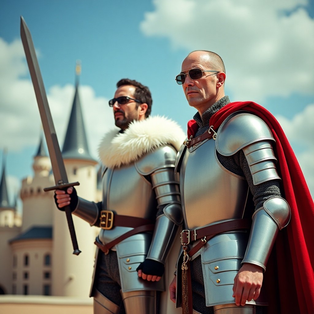 Two knights posing in a medieval fantasy setting. One knight wears a red cape, and the other has a fur-lined collar. Both hold swords. A castle is in the background under a partly cloudy sky.