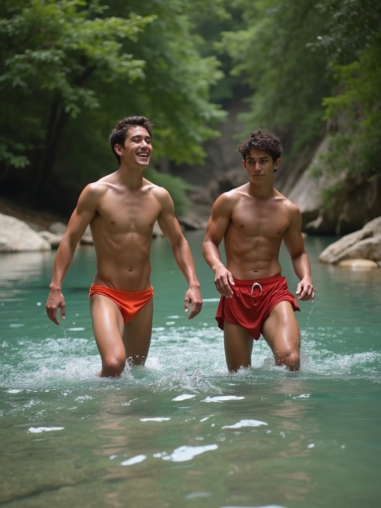 Two athletic teenage boys enjoy swimming in a clear creek. Both boys have toned bodies resembling trained gymnasts. They walk through the shallow water. The scene is set in a lush green environment. Their swimwear is bright and eye-catching.