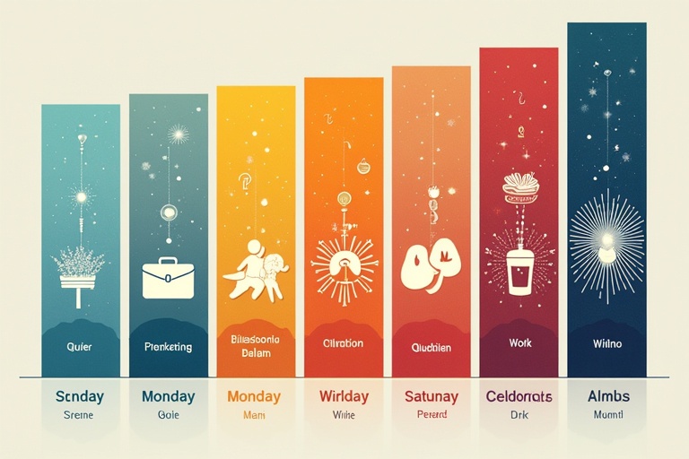 A visual representation of a week using symbols. Each day is associated with a unique icon and color gradient. The layout shows the progression from Sunday to Saturday. The icons symbolize activities or themes for each day. Soft gradients are used for clarity and aesthetic appeal.