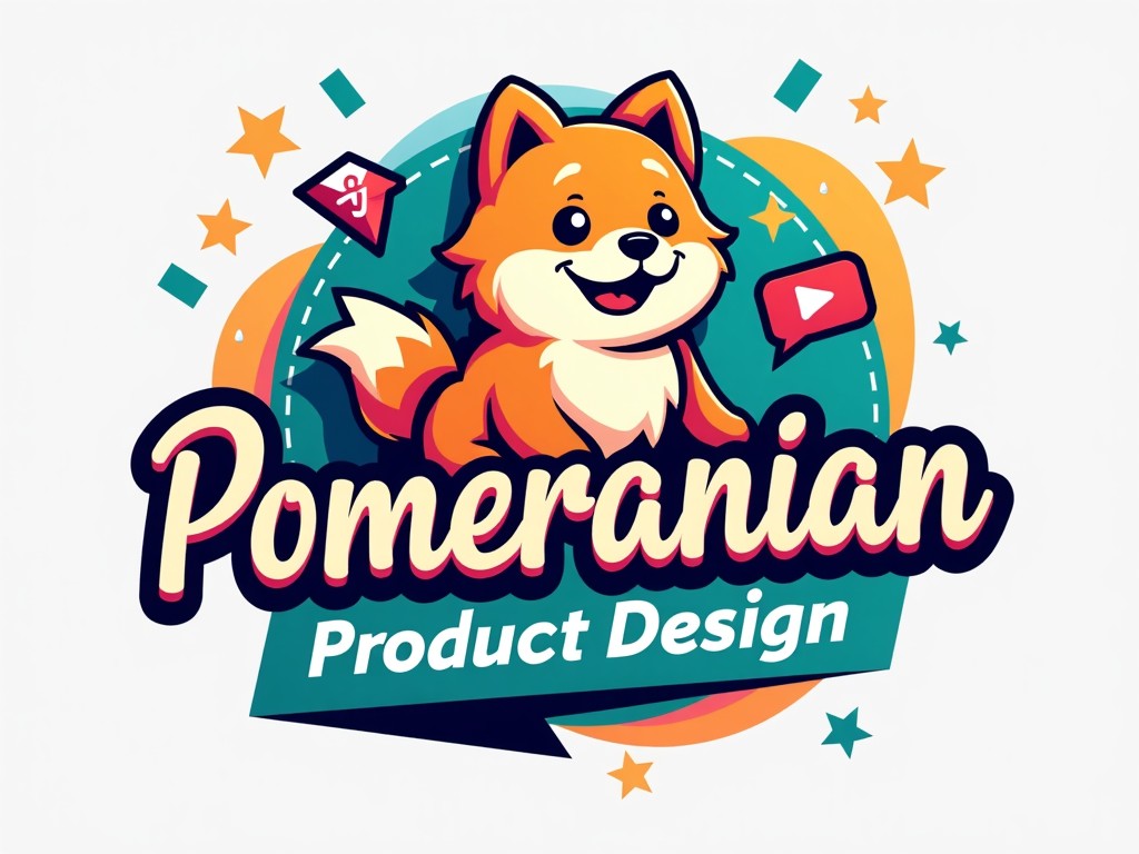 The image features a cheerful, cartoon-style Pomeranian dog, designed for product branding. The dog has a happy expression, sitting fluidly in a vibrant color palette of orange and turquoise. Surrounding the dog are design elements like stars and digital icons, hinting at social media themes. The text "Pomeranian Product Design" is prominently displayed, with a playful font style. This artwork captures the essence of joy and creativity suitable for pet-related products.