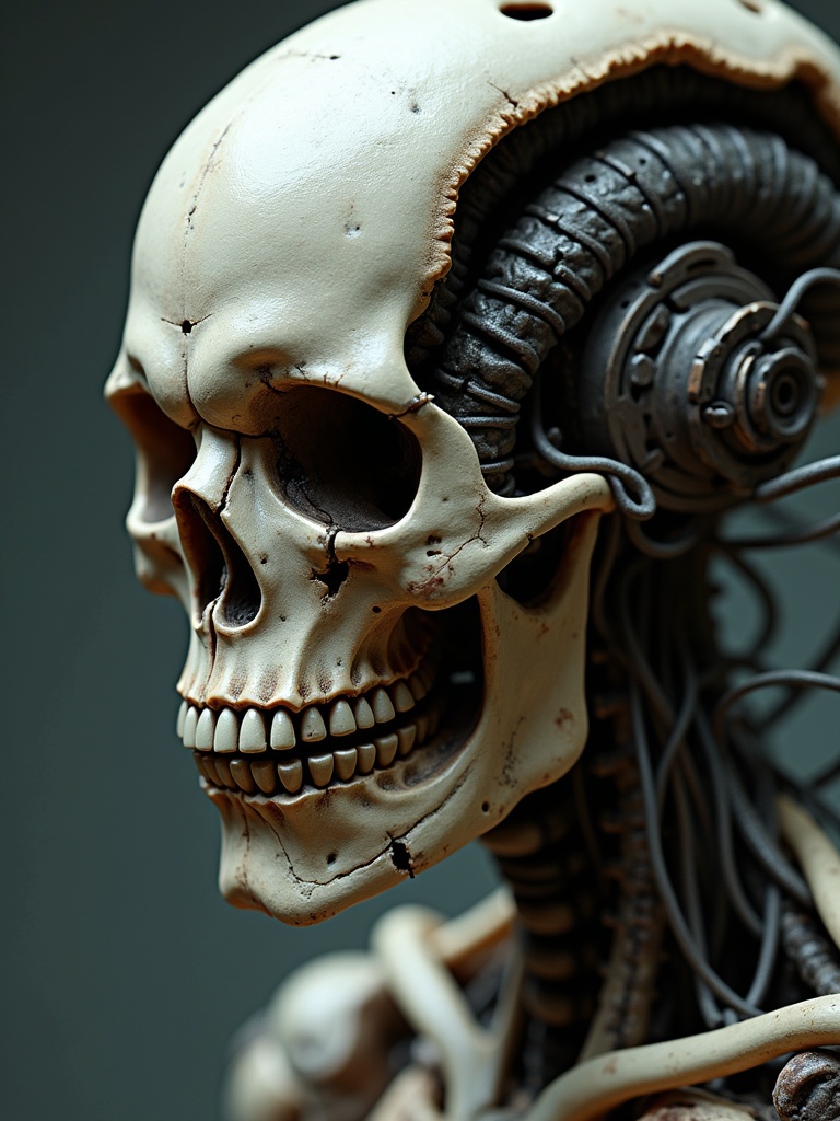 Mechanical skull with intricate wires attached. Close-up view highlights features and details. Horror elements combined with a biomechanical twist. Alien aesthetics in the design.