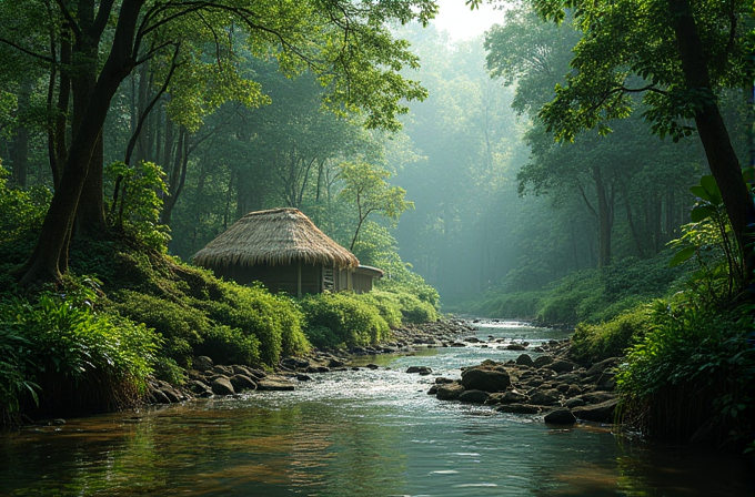 A peaceful forest scene with a stream flowing by a small hut, surrounded by lush green trees.