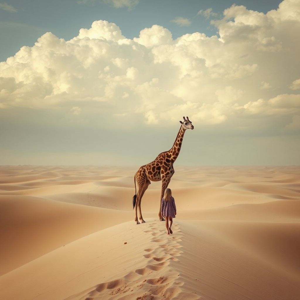 A person and a giraffe walking together across a vast desert landscape under a cloudy sky.