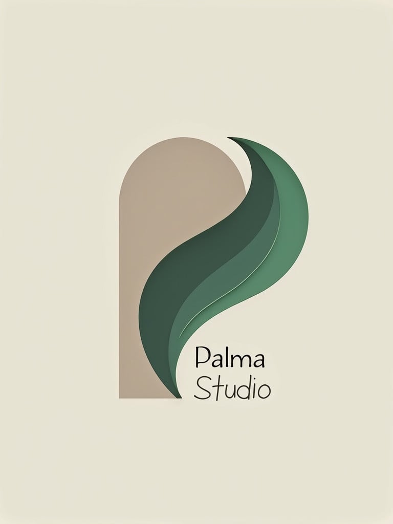 Design features a minimalist 3D logo drawing inspiration from Iranian architecture and palm leaves. Employs modern abstract geometric shapes. Color palette consists of graphite gray, ivory white, emerald green, and beige. Ensures uniqueness without echoing current iconic logos. Emphasizes simplicity, balance, and refinement with the name 'Palma Studio' in sleek presentation.