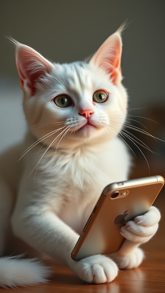 A white cat curiously holding and looking at a smartphone.