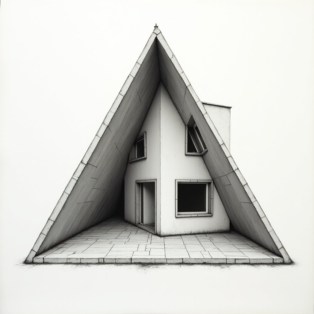 A triangular house is shown in two-point perspective. The structure has angled walls and geometric shapes. The design features large windows and a unique roofline. The background is minimalistic with a clean foreground.