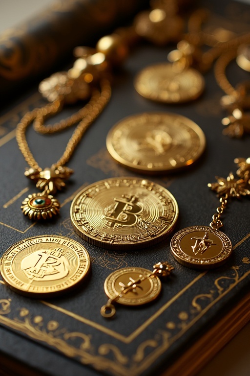 A collection of ornate golden coins and jewelry arranged elegantly on a dark surface. The display includes a variety of coins and jewelry pieces. Soft warm lighting adds richness to the gold.