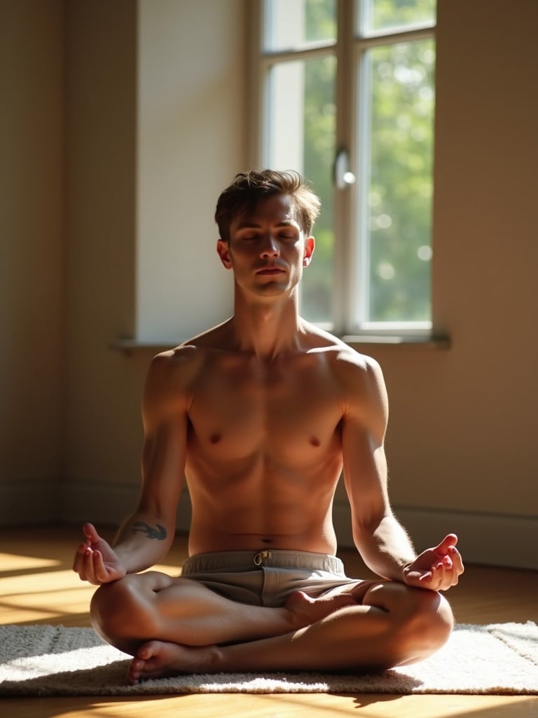 A 19 year man shirtless wearing shorts barefooted deeply focused in meditation inside a sunlit room.