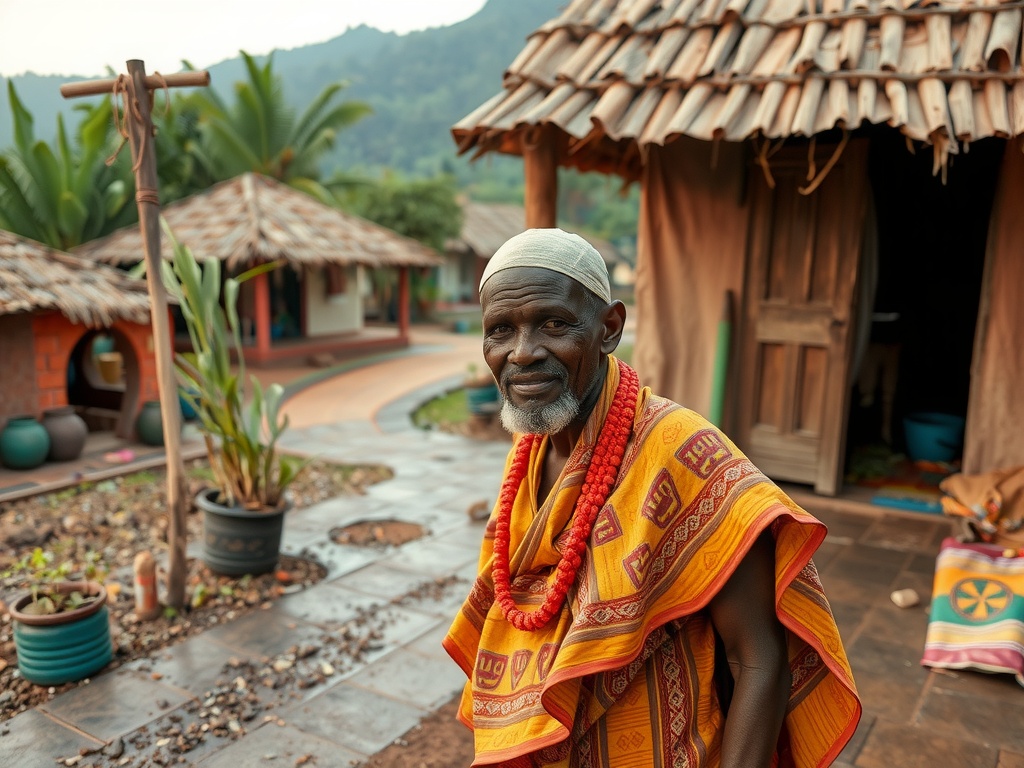 An elder wearing traditional attire stands in a rural village setting.