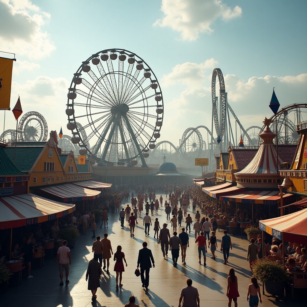 Photo realistic image depicts a theme park scene featuring a large Ferris wheel and multiple roller coasters. Many people walk through the park enjoying the rides and attractions. Bright daylight ambiance enhances the lively atmosphere.