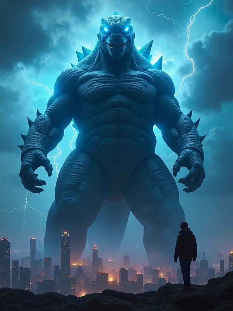 A colossal kaiju dominates a cityscape. Electric blue lightning illuminates its textured scales. Dark clouds create a dramatic atmosphere. High contrast light highlights vibrant colors reminiscent of classic monster movies. The city appears small next to the giant figure, enhancing the scale. This image combines modern drama with kaiju nostalgia.