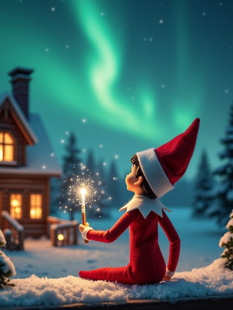 Elf sits with back to viewer, gazes skywards while holding glowing wand. Charming Christmas scene features colorful northern lights and cozy house in the distance. Snow covers the ground. Elf symbolizes magic and wonder of Christmas. Name 'Brooke & Aubree' appears in air from the wand.