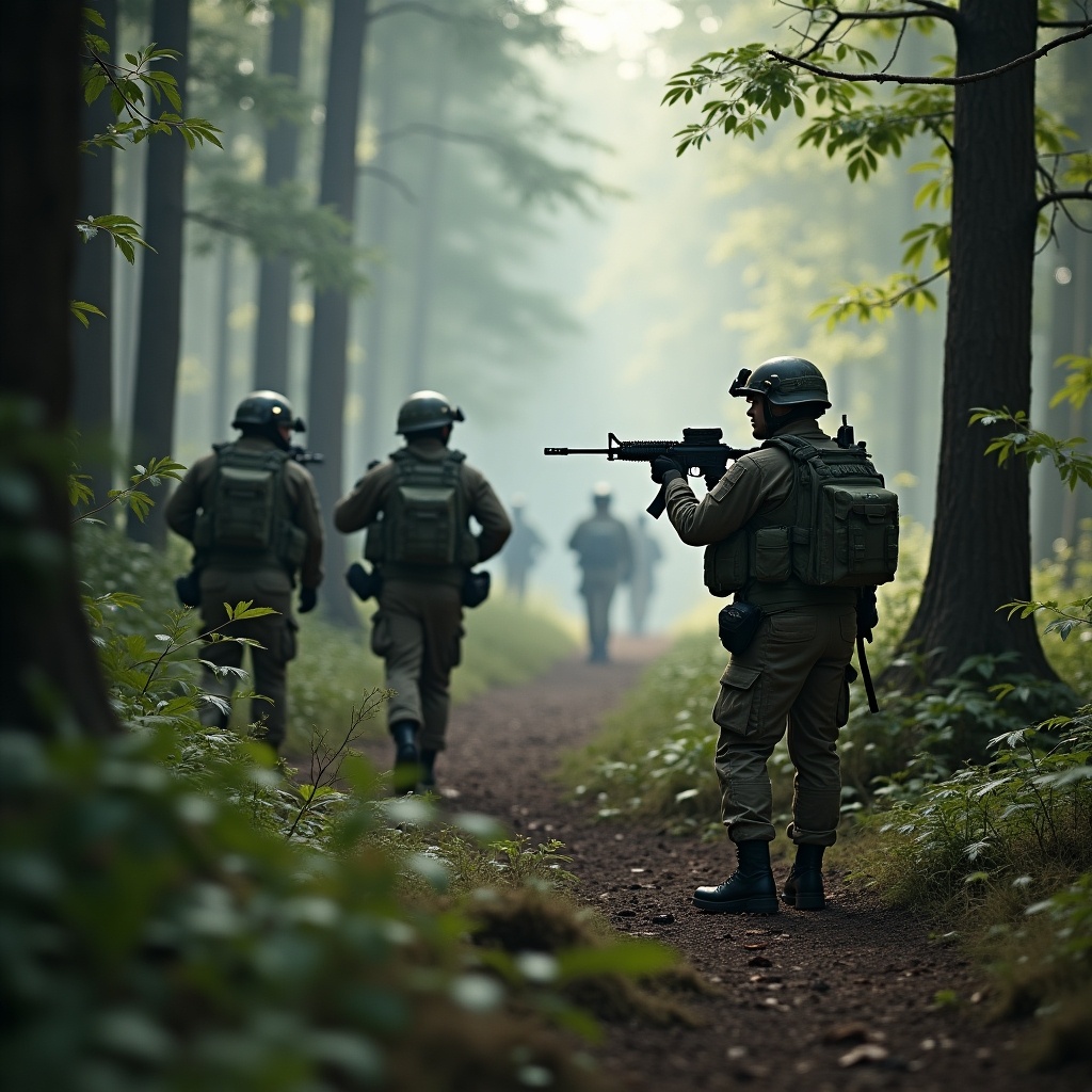 The image depicts soldiers in the year 2030 engaged in a military operation in a forest. They are walking along a woodland path, showcasing the challenges of modern combat. One soldier in the foreground stands alert with a rifle, while others move in formation behind him. The dense forest and misty atmosphere create a tense, dramatic setting. The soldiers are equipped with advanced gear, emphasizing the future of military operations.