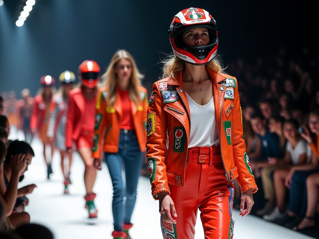 This image showcases a dynamic fashion show featuring models walking down a runway. The theme is a collaboration between MotoGP and Gucci, highlighted by the vibrant racing outfits the models wear. Each model sports a stylish helmet and distinctive racing jackets, creating a thrilling motorsport atmosphere. The stage is filled with lights and an enthusiastic audience, enhancing the excitement of the event. This blend of high fashion and motorsport culture captures the essence of modern fashion trends in a unique and captivating way.