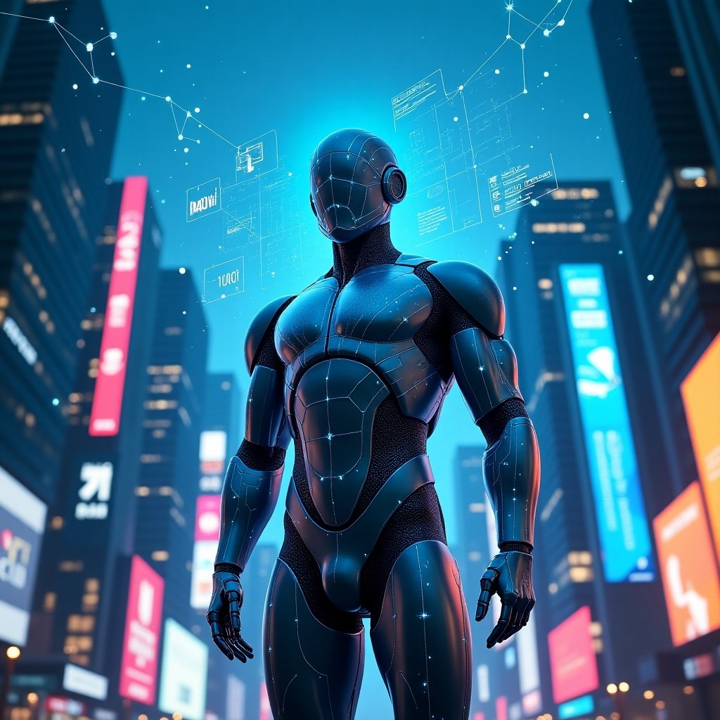 Futuristic humanoid robot standing in a digital cityscape at night. The robot features glows and circuit designs. Tall buildings with illuminated ads surround the scene. Emphasis on AI and technology.