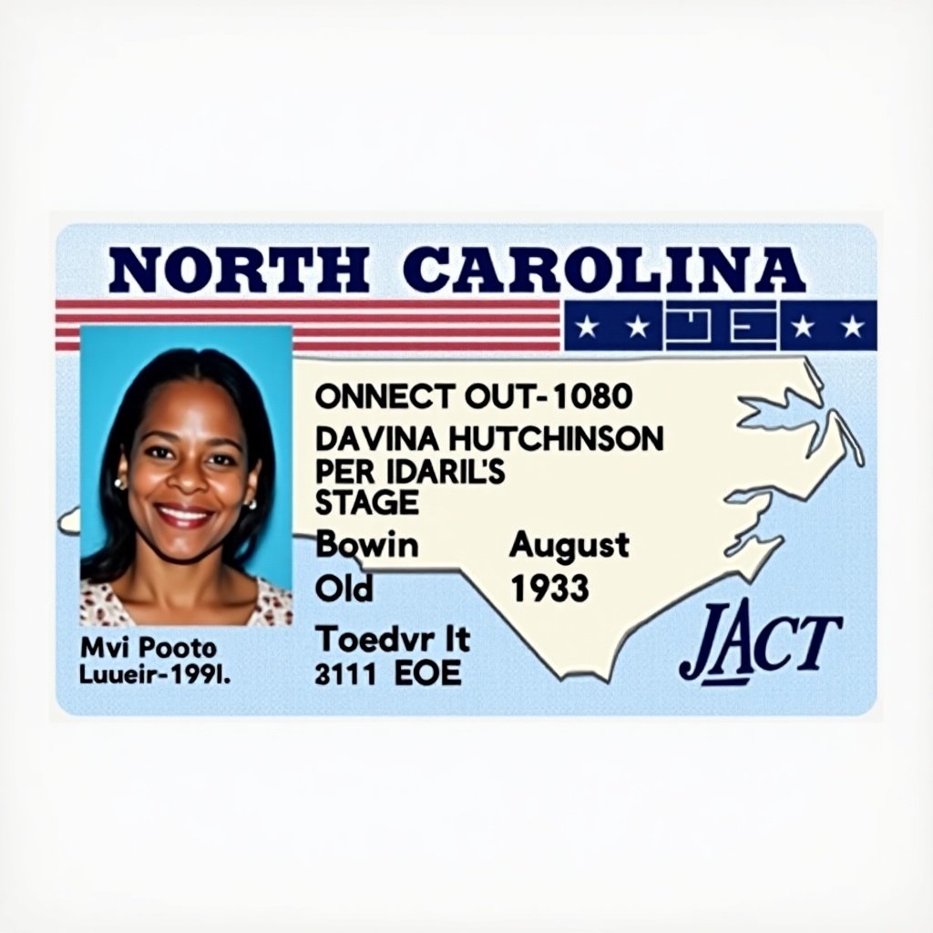 This image features a North Carolina license card. It displays the name Davina Hutchinson. The card contains a headshot that meets official ID standards. It has a map of North Carolina in the background. The color scheme is blue, white, and red. The card's purpose is for identity verification and age verification. The date of birth shown is August 21, 1953.