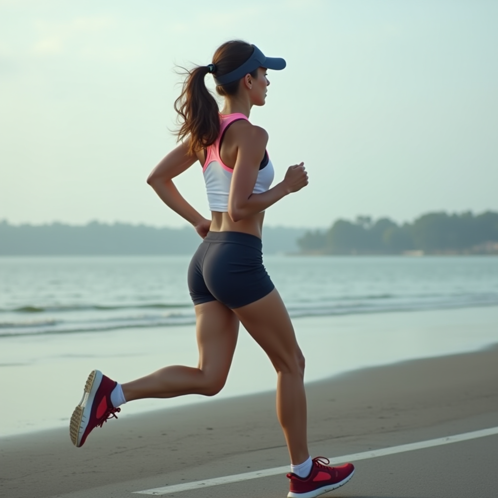 A woman jogs along a beach at sunrise, wearing athletic gear and a cap, with the ocean and trees in the background.