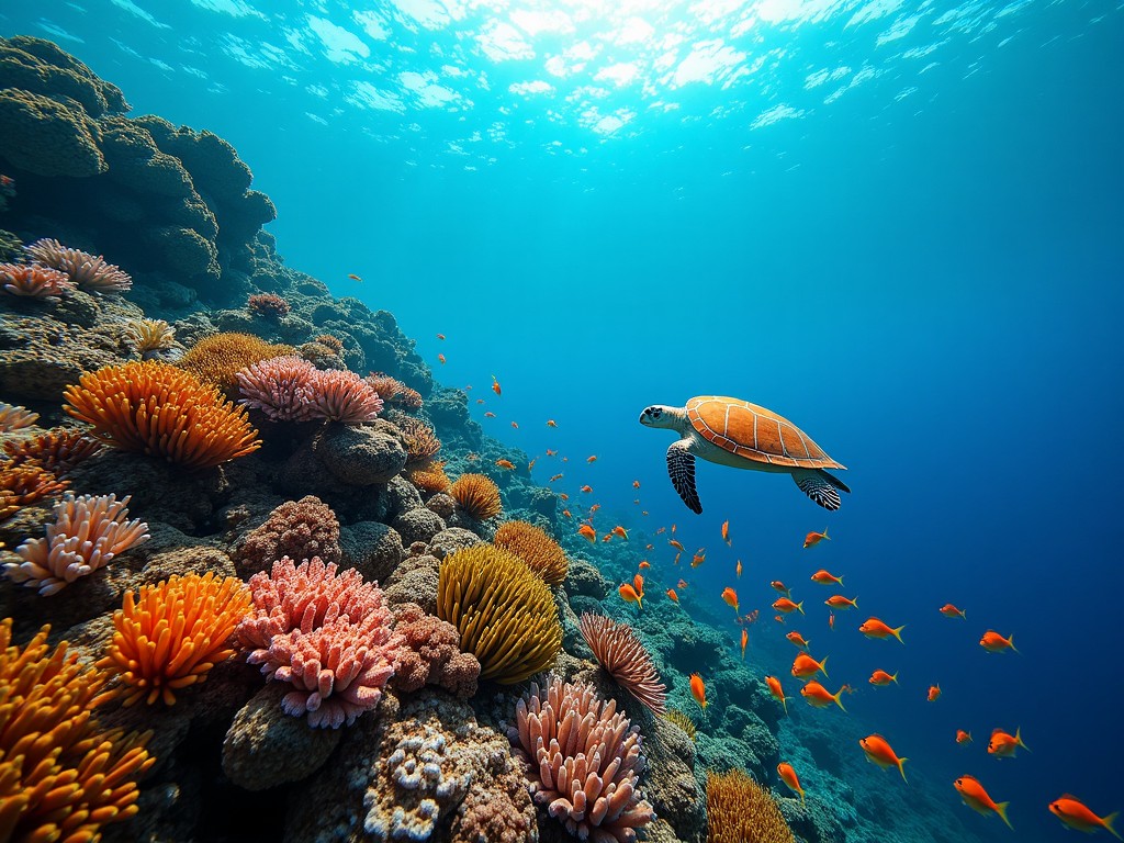 An underwater scene showing a sea turtle swimming over colorful coral reefs with small fish around.