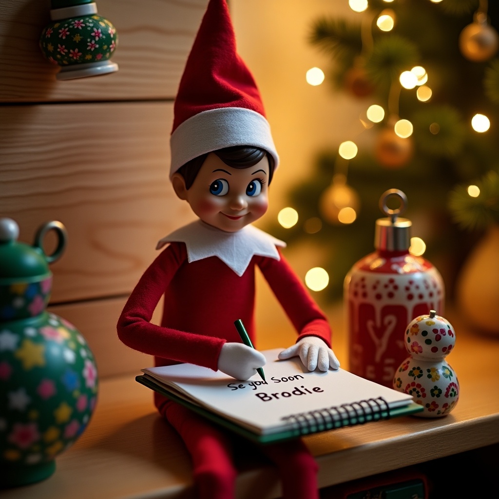 An elf on the shelf sits at a wooden table, writing in a notebook. The elf is dressed in a bright red and white outfit, resembling a classic Christmas elf. The background features a softly lit Christmas tree, adorned with ornaments and twinkling lights. On the table, there are decorative items like a colorful teapot and a festive canister. The notebook displays the message 'See You Soon Brodie', highlighting a personal touch for the holiday season. The scene is warm and inviting, perfect for celebrating the holidays.