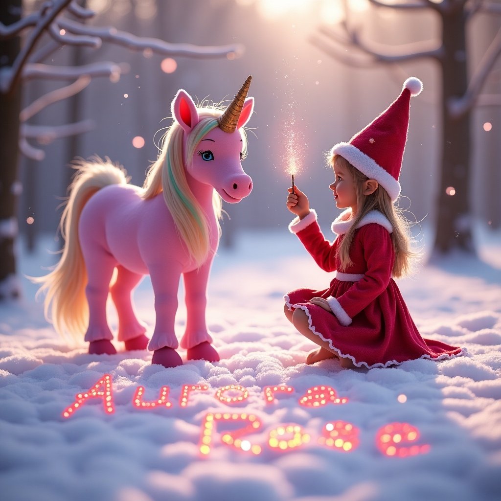 In a whimsical candy land, an elf dressed in a bright red outfit and a pointed hat sits in soft snow. She holds a sparkling wand, enchanting the atmosphere around her. Next to her, a majestic pink unicorn watches with wonder. The elf gracefully writes the names Aurora and Rose in the snow with her magical wand. Surrounding the scene are softly glowing lights and frosty trees, adding to the magical feel. This enchanting image captures the essence of childhood wonder and holiday spirit.