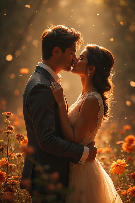 A couple in wedding attire kisses surrounded by flowers in a warm, golden light. The background is lush with foliage and soft bokeh effects. The moment captures love and romance. The setting has a magical feel with sunlight filtering through trees.