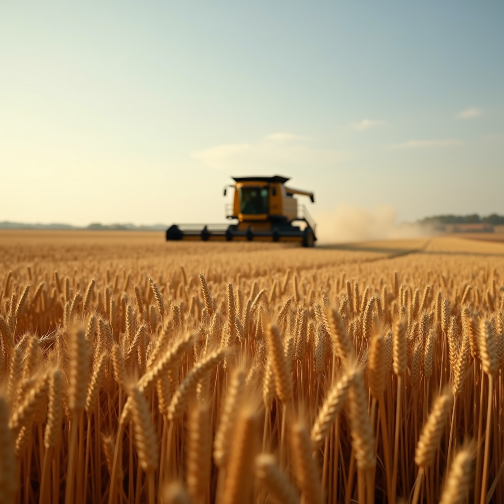 A combine harvester works through a vast, golden wheat field under a clear blue sky.